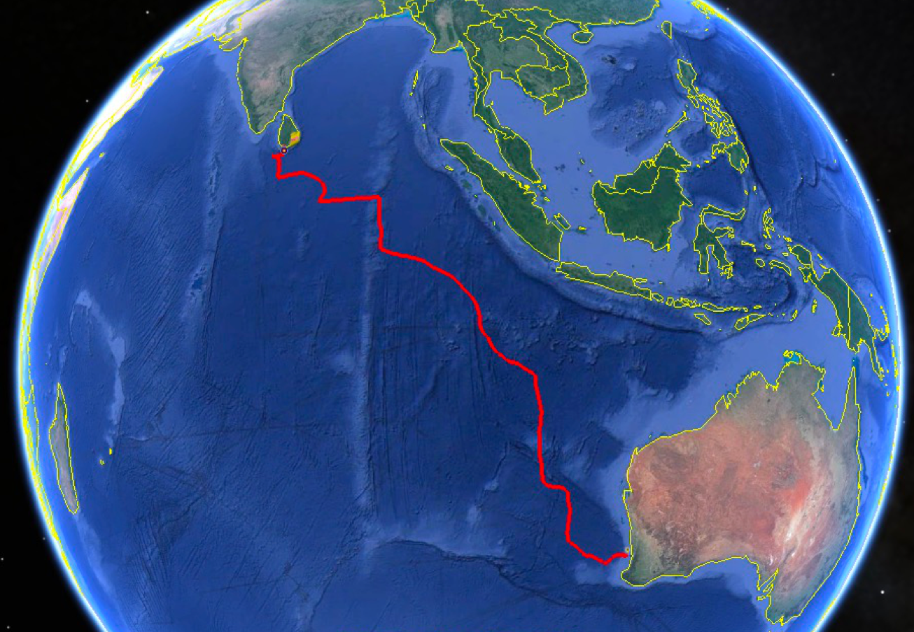 The track (red) of RU29 from Perth, Australia to Colombo, Sri Lanka.